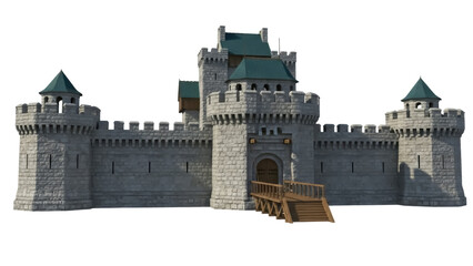 Isolated medieval castle with wooden bridge, stone walls, turrets, and a green roof detail © Oisin