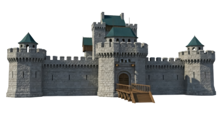 Isolated medieval castle with wooden bridge, stone walls, turrets, and a green roof detail