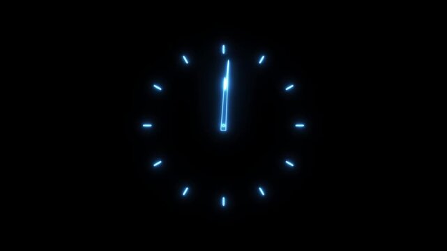 glowing Neon Twelve hours clock run, moving time arrows, 12 hours clock dial loop, twenty-four hours time lapse animation, Hours appear on a white background and quickly go