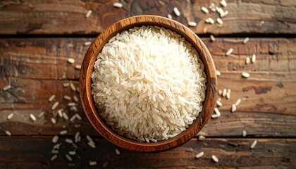 Flat lay of white rice in a wooden bowl on a rustic table