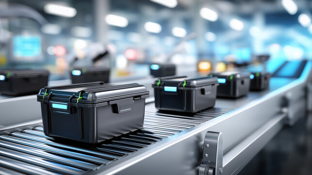 Automated warehouse conveyor belt carrying sleek black totes gliding smoothly through brightly lit industrial plant, robotic arms sorting packages, fast e-business, defocused equip