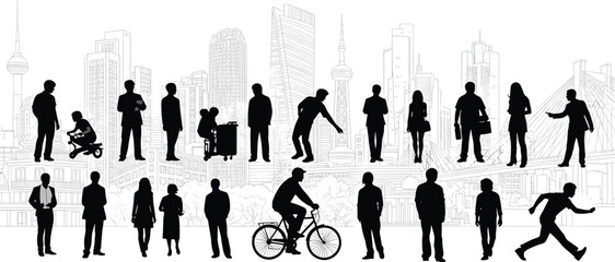 Urban people silhouettes with city skyline background showing diverse activities walking cycling working isolated on white background modern lifestyle illustration