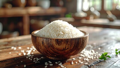 A photograph of a bowl of rice in a wooden bowl with a traditional kitchen background