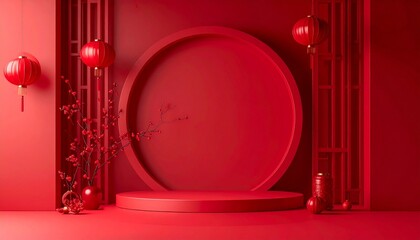 Red podium display for Lunar New Year or Chinese New Year celebration. Modern minimalist interior. Empty round platform. Decorative lanterns and plant. Red background. Vector illustration.