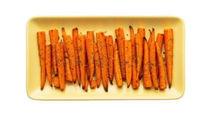 Isolated baked carrots with herbs on a rectangular yellow serving tray, a healthy and tasty meal