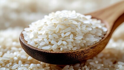 Close up of raw white rice grains on a wooden spoon with blurred background