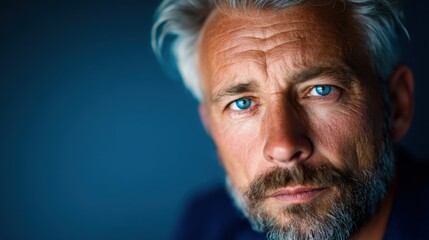 A striking close-up portrait of a distinguished older man with expressive blue eyes and grey hair, capturing deep thoughts and emotions in a moment of reflection and wisdom.