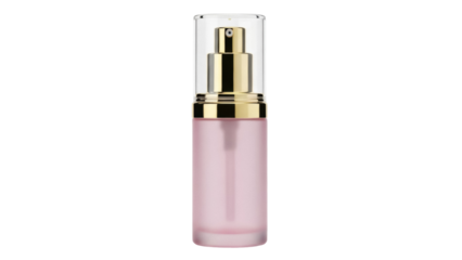 Isolated pink bottle of cosmetic serum or lotion, with clear pump dispenser and cap, nobody