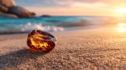 A single amber stone glistens on the sandy beach as waves softly lap the shore, encapsulating a tranquil moment at sunset, highlighting the beauty of nature's treasures.