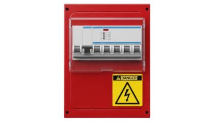 Isolated red fuse box with a transparent cover and a danger sign on the bottom part of it