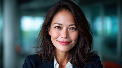 Naklejka premium A confident young woman showcases a warm smile in a brightly lit environment, embodying positivity and modern beauty in a professional and approachable manner.