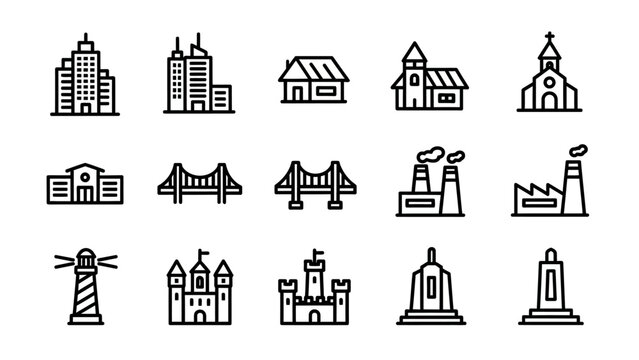 Collection of various architectural building icons representing different structures and landmarks.