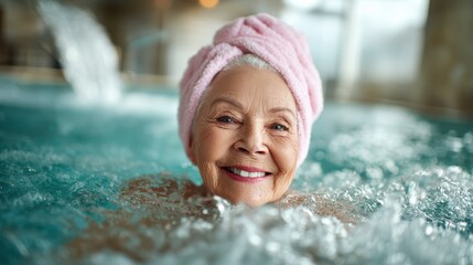 An elderly woman smiles joyfully while enjoying a relaxing spa experience, capturing the beauty of self-care and the happiness that comes with nurturing oneself.