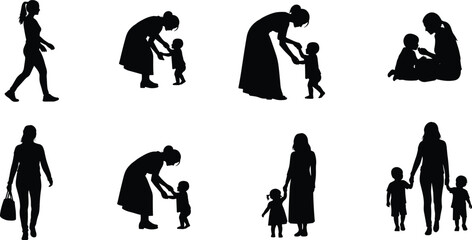 Mother and child silhouette set showing caring, teaching, walking together, family bonding moments, parenting stages, and maternal love isolatedh