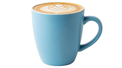 Isolated light blue coffee mug filled with latte art heart pattern for Valentine's Day