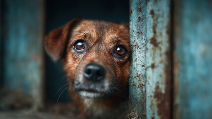 A poignant image of a dog peering through rusty bars, evoking feelings of sadness and longing while capturing the vulnerability of animals in need of love and care.
