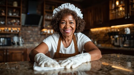A smiling woman in a cozy kitchen is diligently cleaning the countertop, showcasing an inviting atmosphere filled with warmth, hospitality, and a touch of homey charm.