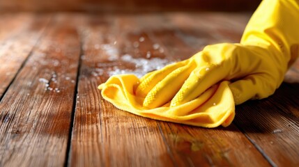 A close-up view of a cleaning process showcasing a gloved hand wiping down a wooden surface, emphasizing cleanliness and hygiene in a domestic setting while highlighting the importance of care.