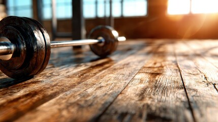 A low-angle shot of a dumbbell resting on a wooden floor in a fitness environment, symbolizing strength, determination, and wellness for those dedicated to their fitness journeys.