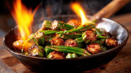 A vibrant stir-fry of fresh okra and spices sizzles in a pan, creating an enticing visual experience that highlights the beauty of culinary artistry.