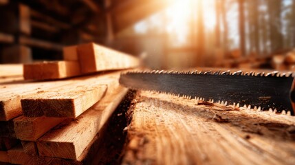 Close-up of a hand saw resting on stacked timber in a sunlit workshop, showcasing the art of craftsmanship and woodworking while invoking feelings of dedication and skill.