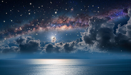 天の川と月光が照らす静かな海：Milky Way and Moonlight Over the Sea
