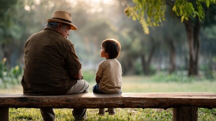 An endearing moment captured between a grandfather and a young child, who sit together sharing smiles and wisdom in a sunlit park, embodying love and connection between generations.