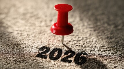 A red pushpin is attached to the number 2026 on a light fabric background, casting a subtle shadow beneath its head.