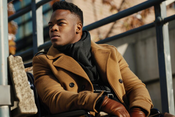 Confident Male Model in Wheelchair Posing on Urban Street for Fashion Campaign with Blurred City Background
