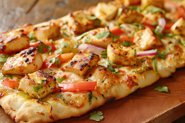Naan Pizza Topped with Tandoori Chicken, Onions, Bell Peppers and Fresh Cilantro Indian Italian Fusion Dish on Wooden Table