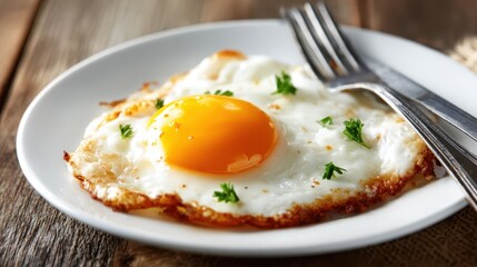 A perfectly cooked sunny side up egg is artistically plated with fresh herbs, capturing the simplicity and deliciousness of a home-cooked meal that embodies comfort and nutrition.
