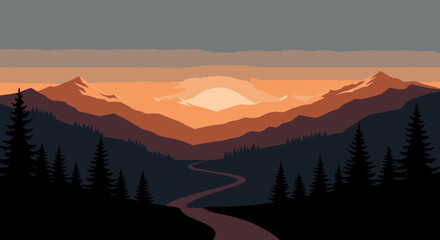 Obraz premium A captivating pixel art illustration showcases a tranquil sunset over majestic mountains, with a winding river path leading through a dark pine forest.