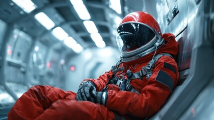 An astronaut in a vibrant red space suit sits in a spacecraft, capturing the essence of adventure and exploration in the vastness of outer space with a futuristic flair.