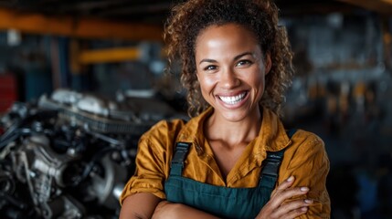 A cheerful mechanic poses confidently in a workshop, showcasing her passion for automotive repair and the pride in her work among the machinery surrounding her.