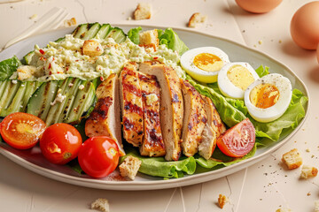 Caesar Salad Platter with Grilled Chicken, Bacon Bits, Croutons and Fresh Romaine Lettuce