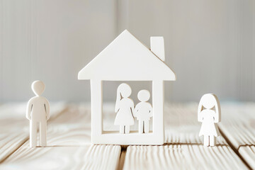 Paper Cutout Family Figures with House Symbol on Wooden Surface, Property Purchase for Young Family