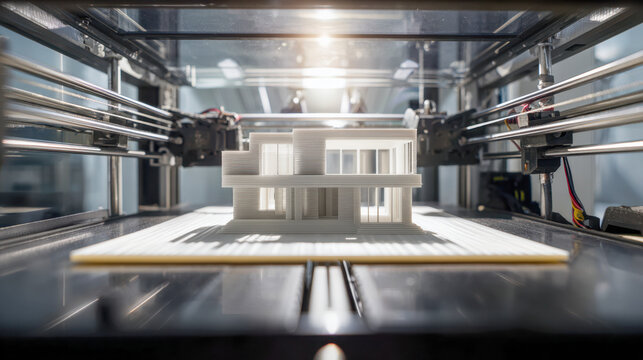 White modern house architectural model being 3d printed on a professional printer showcasing advanced technology in construction and design innovation