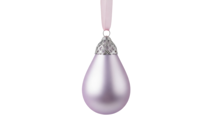 Isolated pink teardrop Christmas bauble ornament with silver cap and ribbon, hanging style