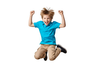 Energetic blond boy in blue polo shirt and khaki pants jumping with fists raised, celebrating success and happiness, isolated on transparent background.
