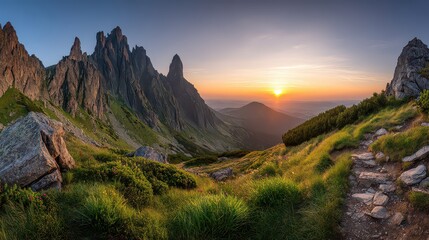Obraz premium Panoramic View of Rocky Mountain Range with Golden Sunset Light and Green Meadow Foreground in a Nature Landscape Scene at Taganay National Park