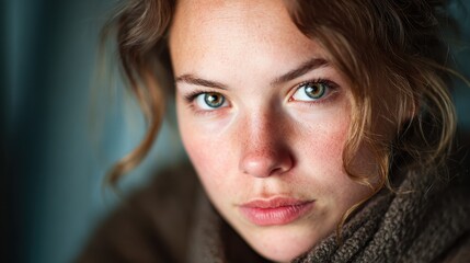 A stunning portrait of a young woman with captivating green eyes and soft features, capturing a moment of vulnerability and introspection in an intimate setting with natural light.