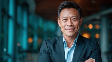 A smiling businessman stands confidently in a bright, modern office environment, showcasing professionalism and approachability in a well-designed workspace filled with light.