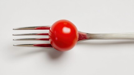 A single red cherry tomato skewered onto stainless steel fork tines against a white background,
