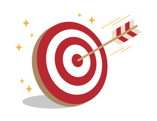 An arrow hitting the bullseye of a red target with sparkling gold stars. A powerful vector illustration representing success, goal achievement, accuracy, and business marketing strategy.