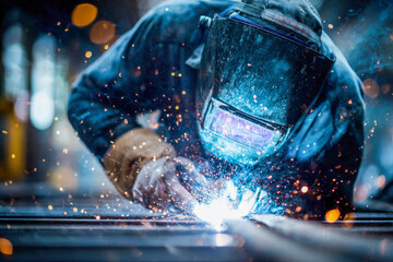 Industrial worker wearing protective gear welding metal with sparks flying in a dynamic workshop environment at night