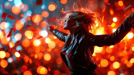 An energetic woman dancing amidst vibrant lights and falling confetti, encapsulating the exuberance and celebration of life in a festive atmosphere.