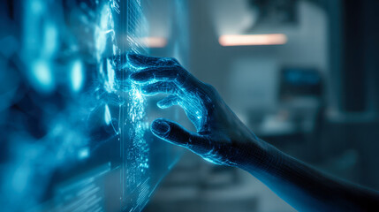 Futuristic holographic hand interface interacting with high-tech digital touchscreen display in a modern, dimly lit technological environment with glowing blue data