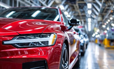 A sleek shiny red sedan parked in a modern well-lit automotive manufacturing facility with blurred vehicles and equipment in the background illustrating industry pre