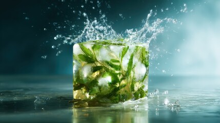 An artistic image featuring a vibrant ice cube embedded with fresh herbs, perfectly capturing the moment of splashing water, representing cooling freshness and culinary creativity.