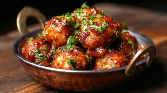 A warm serving of savory meatballs glazed in a rich, luxurious sauce garnished with fresh herbs. A perfect comfort food option that tantalizes the palate and warms the heart.